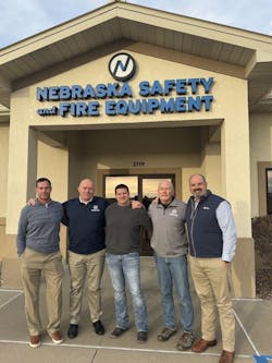 L-R: Rod DiBona–Pye-Barker EVP, Business Development; Conrad Buhrman–Nebraska Safety & Fire Equipment Owner; Ray Wright–Pye-Barker VP; Blake Niesen–Nebraska Safety VP; Justin Merrick–Pye-Barker VP L-R: Rod DiBona–Pye-Barker EVP, Business Development; Conrad Buhrman–Nebraska Safety & Fire Equipment Owner; Ray Wright–Pye-Barker VP; Blake Niesen–Nebraska Safety VP; Justin Merrick–Pye-Barker VP