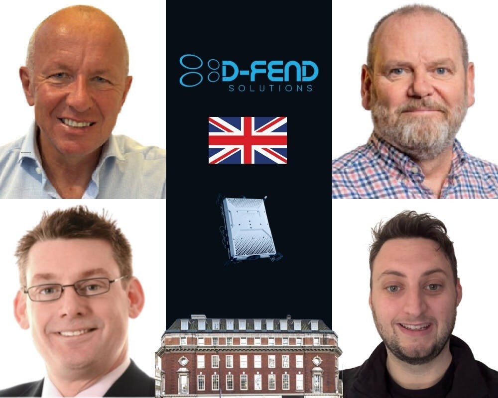 D-Fend Solutions UK Team Expansion &ndash; Clockwise from upper left: Martin Broomhead AFC MRAeS, Managing Director; Mark Rutherford, Sales Director, UK Airports & Government Business; Myles Gabriel, Global Services Engineer; and Simon Foreman, Director, Presales & Operations.