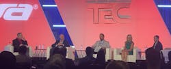 Moderated by PSA CEO Matt Barnette (far left), the annual State of the Industry panel included (from left): Robert Chevitz of Egis Capital Partners, Ron Oetjen of Minuteman Security & Life Safety, Stephenie Haldane of HID Global, and Geoff Kohl of the Security Industry Association (SIA). Moderated by PSA CEO Matt Barnette (far left), the annual State of the Industry panel included (from left): Robert Chevitz of Egis Capital Partners, Ron Oetjen of Minuteman Security & Life Safety, Stephenie Haldane of HID Global, and Geoff Kohl of the Security Industry Association (SIA).