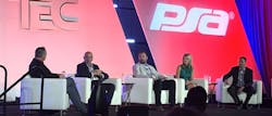 Moderated by PSA CEO Matt Barnette (far left), the annual State of the Industry panel included (from left): Robert Chevitz of Egis Capital Partners, Ron Oetjen of Minuteman Security & Life Safety, Stephenie Haldane of HID Global, and Geoff Kohl of the Security Industry Association (SIA). Moderated by PSA CEO Matt Barnette (far left), the annual State of the Industry panel included (from left): Robert Chevitz of Egis Capital Partners, Ron Oetjen of Minuteman Security & Life Safety, Stephenie Haldane of HID Global, and Geoff Kohl of the Security Industry Association (SIA).