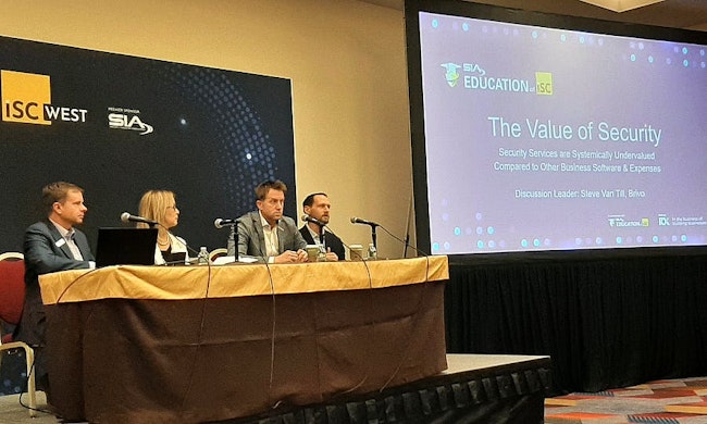 The 2025 Security Megatrends panel featured Geoff Kohl (SIA), moderator, with Tara Dunning (Wesco), Eric Yunag (Convergint) and Devin Love (Allegion). The panelists urged security professionals to reframe their value by focusing on business outcomes — not just technology.