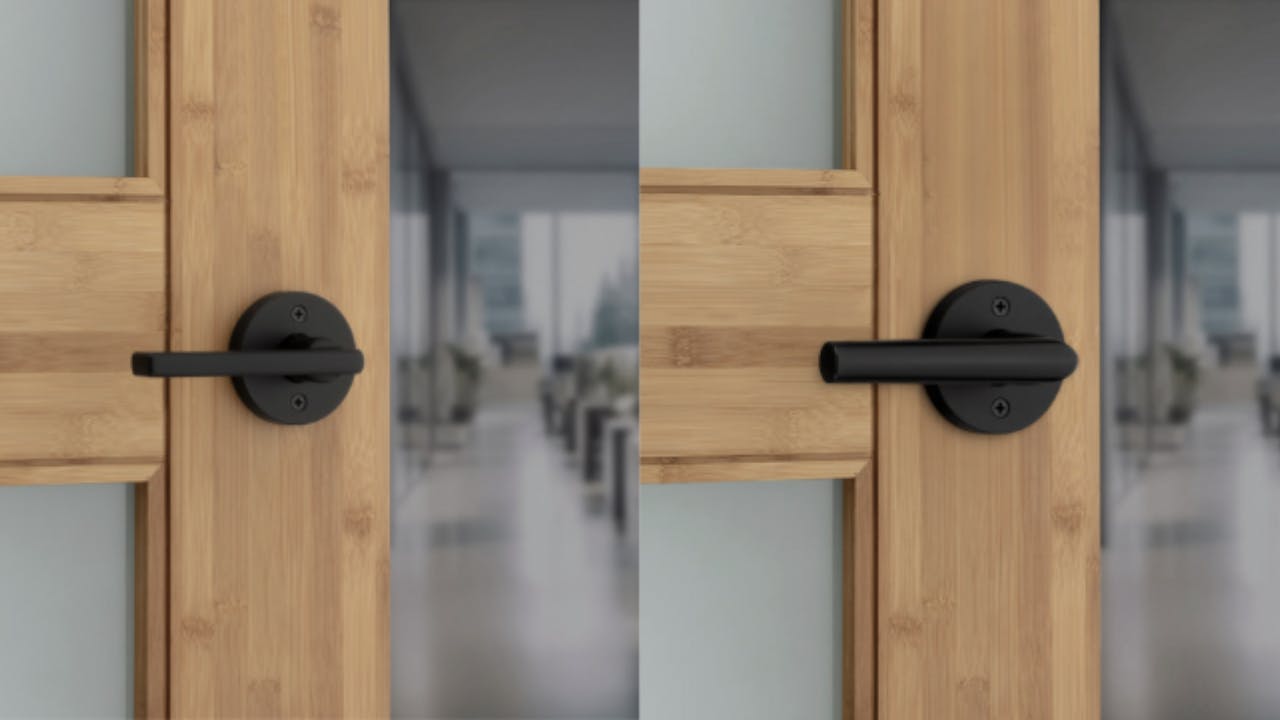 Kwikset announced storeroom functions for its Halifax (L) and Milan (R) lever lines.