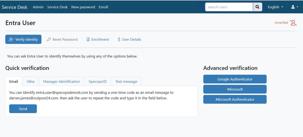 Secure Service Desk user verification interface