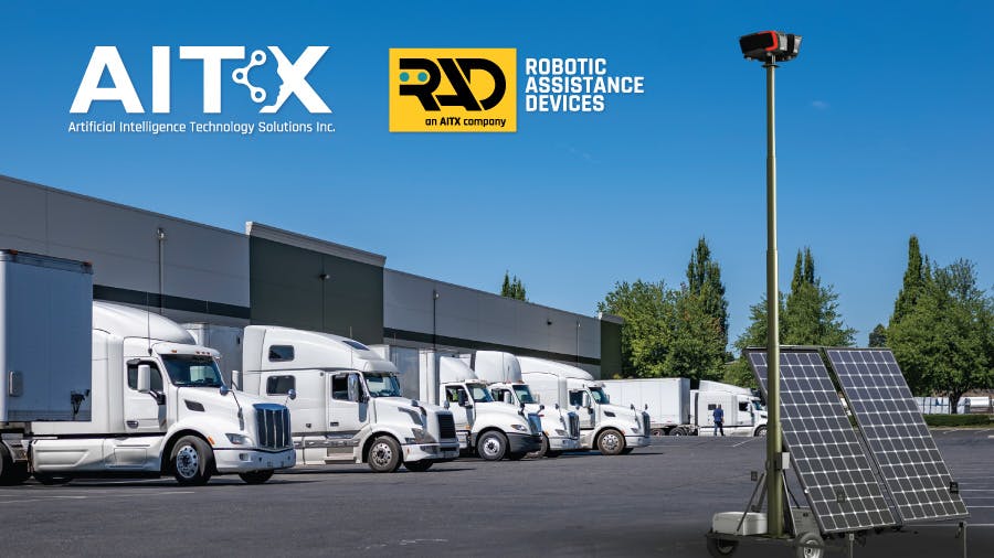 Artist's depiction of a RAD RIO Mini solar tower positioned outside a large distribution and logistics center.