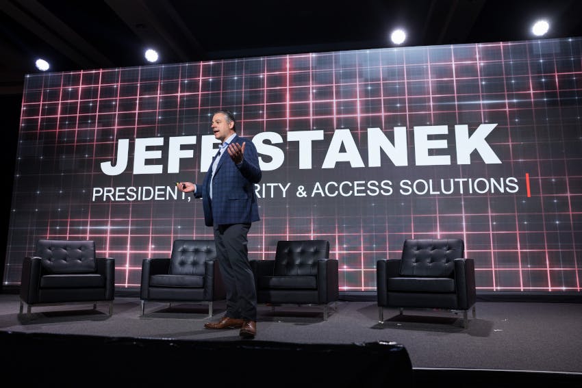 Jeff Stanek, president of Honeywell Security & Access Solutions, addressing the audience at the 2025 Honeywell Users Group conference in Phoenix.