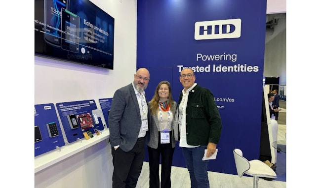 Lee Odess (right) joins HID's Rogério Coradini and Carolina Restelli at the HID Global booth during Expo Seguridad México, Latin America’s leading security industry conference.