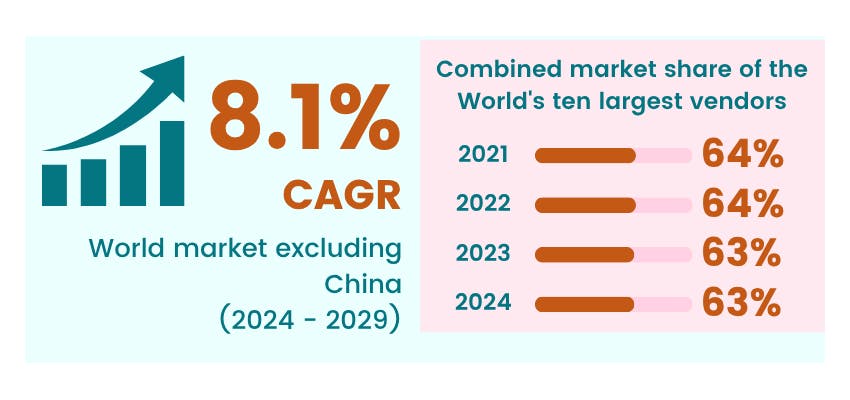 Novaira Insights projects an 8.1% CAGR for the global video surveillance market excluding China through 2029, while the combined market share of the top 10 vendors has held steady at 63&ndash;64% since 2021.