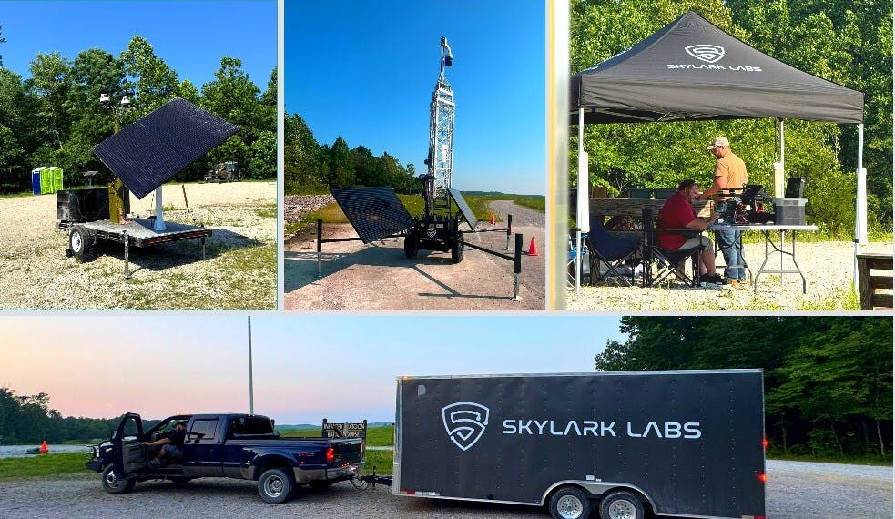 The image shows Skylark Labs&rsquo; Scout MK1 towers and command center deployed during the ARIES Counter-sUAS demo at Camp Atterbury.