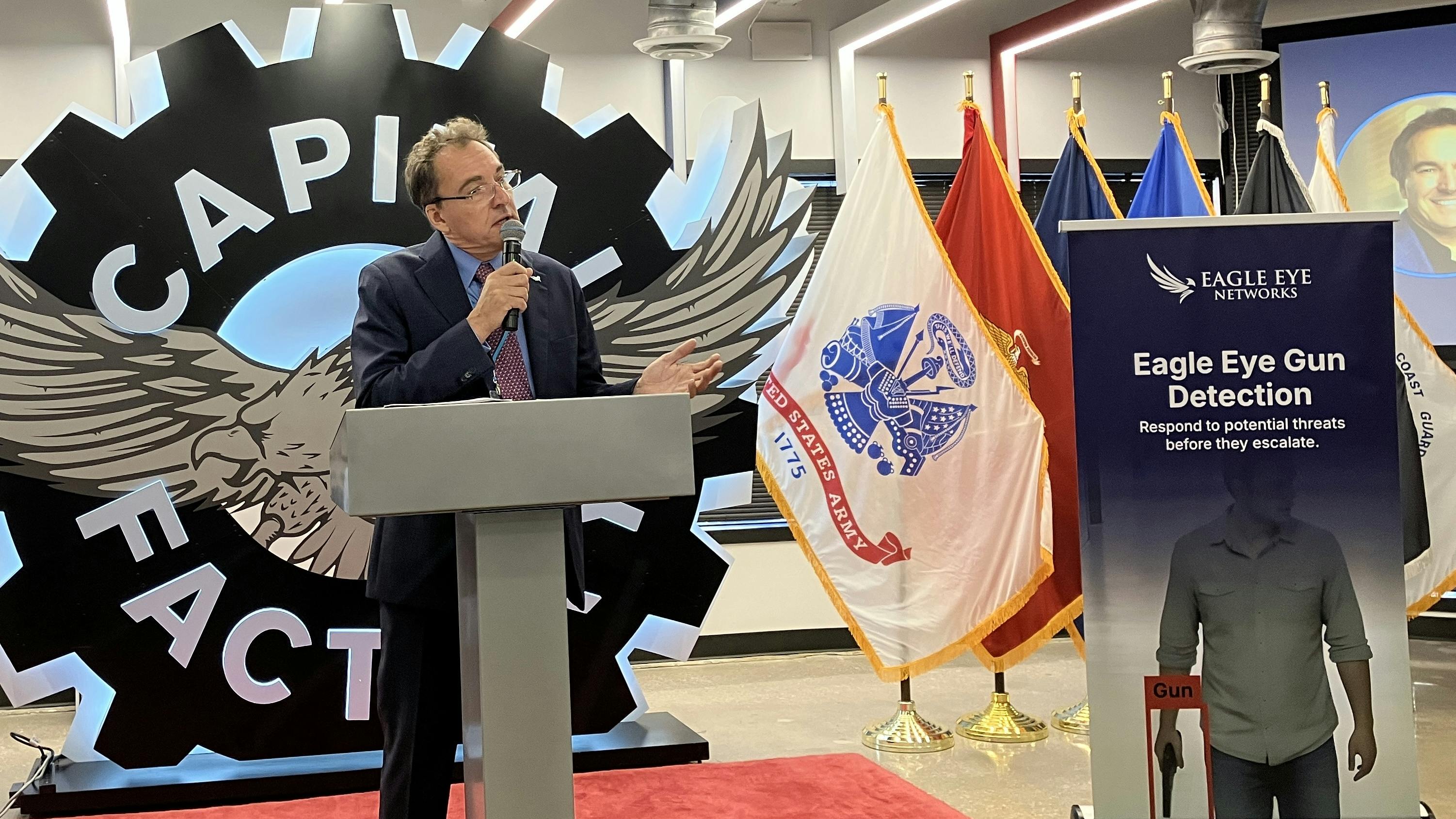 Eagle Eye Networks CEO Dean Drako officially unveils the Eagle Eye gun detection solution at The Capital Factory in Austin, Texas.