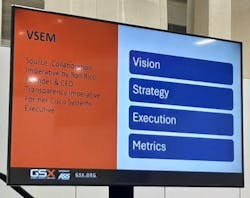 A slide from Carrasco’s GSX 2025 presentation illustrates the VSEM model — Vision, Strategy, Execution and Metrics — drawn from 'The Collaboration Imperative' by former Cisco executive Ron Ricci, used to align security objectives with broader business priorities. A slide from Carrasco’s GSX 2025 presentation illustrates the VSEM model — Vision, Strategy, Execution and Metrics — drawn from 'The Collaboration Imperative' by former Cisco executive Ron Ricci, used to align security objectives with broader business priorities.