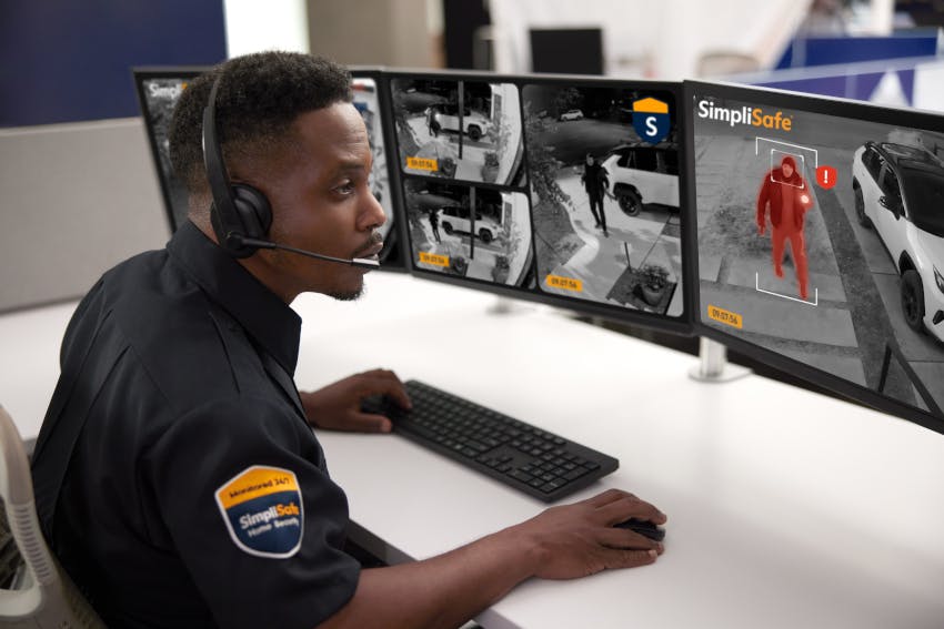 A SimpliSafe live monitoring agent provides real-time visual verification and voice intervention to help deter intrusions before they occur.