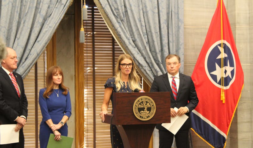 (L to R): Leader Jack Johnson standing next to MOSS TN founding member Noelle Rasmussen, as fellow MOSS TN founding member Holly Walker speaks on school safety with Rep. Ron Gant
