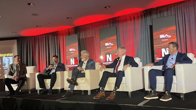 Moderated by Ken Francis (far left), CEO of Actuate, SNG's 'State of the Security Integrator' Panel included (from left): Ken Poole, Chief Revenue Officer of Security 101, Scott Elkins, CEO of Zeus Fire and Security, John Nemerofsky, COO of SAGE Integration, and John Palumbo, President of Unlimited Technology.