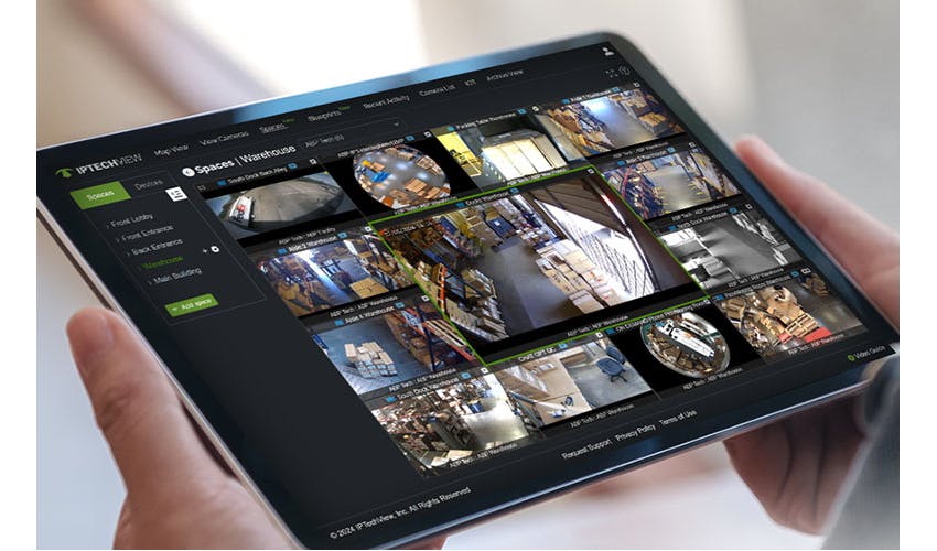A user views multiple live camera feeds using IPTECHVIEW&rsquo;s new cloud-based video management platform, which combines intelligent video analysis with centralized remote access.