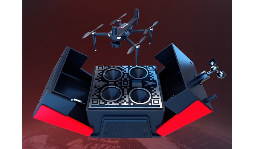 GEO-SWARM deploys autonomously from its self-docking base to provide an aerial view of a property during a simulated nighttime intrusion, demonstrating intended use and system capabilities.