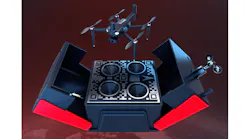 GEO-SWARM deploys autonomously from its self-docking base to provide an aerial view of a property during a simulated nighttime intrusion, demonstrating intended use and system capabilities.