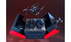 GEO-SWARM deploys autonomously from its self-docking base to provide an aerial view of a property during a simulated nighttime intrusion, demonstrating intended use and system capabilities. GEO-SWARM deploys autonomously from its self-docking base to provide an aerial view of a property during a simulated nighttime intrusion, demonstrating intended use and system capabilities.