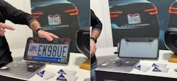 At CES Eureka Park, Paul Rothman and Pierre Bourgeix encountered an entrepreneur promoting a license plate frame that could be toggled remotely (via app) to completely obscure a license plate so it cannot be read at all. At CES Eureka Park, Paul Rothman and Pierre Bourgeix encountered an entrepreneur promoting a license plate frame that could be toggled remotely (via app) to completely obscure a license plate so it cannot be read at all.