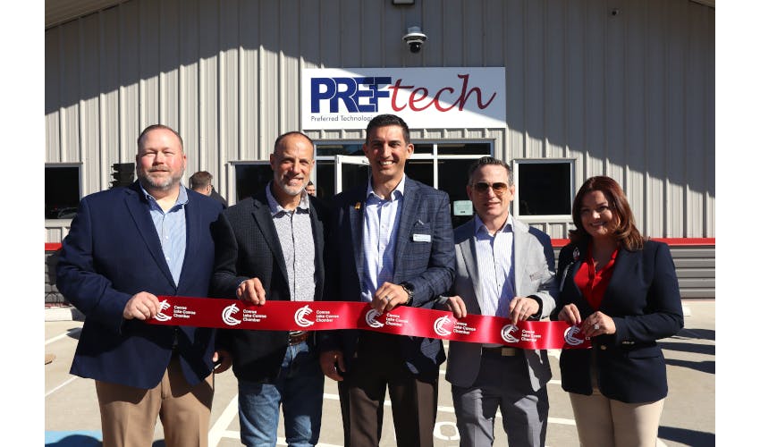 Pref-Tech welcomed more than 100 customers, partners, local officials and community members to the grand opening of the company&rsquo;s new Conroe office. Pictured, left to right, are the company's Jeff Ferguson, VP, Operations; Grady Jett, VP, Sales & Marketing; Shaun Castillo, President; Douglas Patete, VP of Finance & Accounting; and Karina Izaguirre, VP of People.