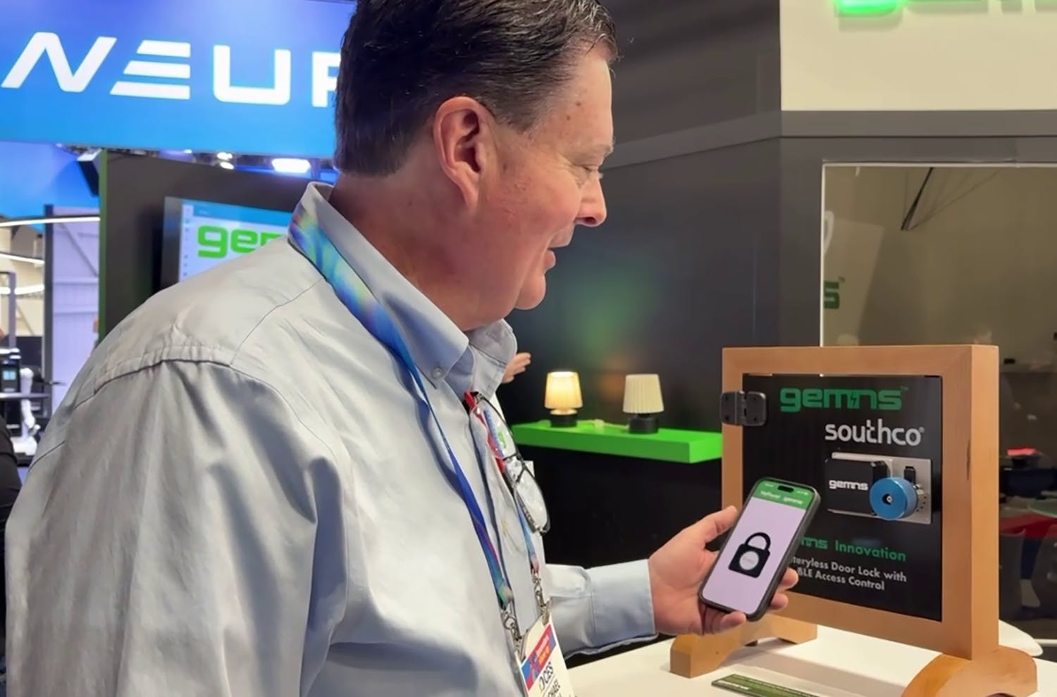 Gemns (formerly WePower) demoed its energy harvesting technology embedded in a Southco lock. The company aims to use this technology to eventually eliminate batteries in a wide range of devices relevant to the security and smart home markets.