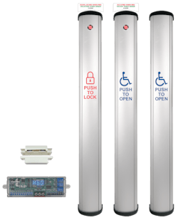 Column switch restroom control components from Camden Door Controls include slim-profile CX-WC18 series switches with integrated LED annunciation and touchless activation options, shown with associated control hardware. Column switch restroom control components from Camden Door Controls include slim-profile CX-WC18 series switches with integrated LED annunciation and touchless activation options, shown with associated control hardware.