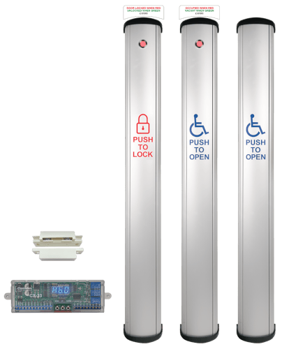 Column switch restroom control components from Camden Door Controls include slim-profile CX-WC18 series switches with integrated LED annunciation and touchless activation options, shown with associated control hardware.