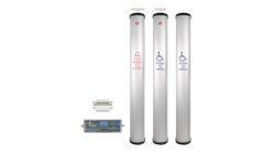 Column switch restroom control components from Camden Door Controls include slim-profile CX-WC18 series switches with integrated LED annunciation and touchless activation options, shown with associated control hardware. Column switch restroom control components from Camden Door Controls include slim-profile CX-WC18 series switches with integrated LED annunciation and touchless activation options, shown with associated control hardware.