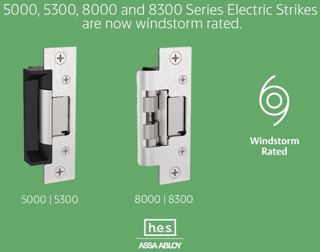 HES electric strikes from the 5000, 5300, 8000 and 8300 Series now carry ANSI/SDI 250.13 windstorm certification following an engineering redesign.