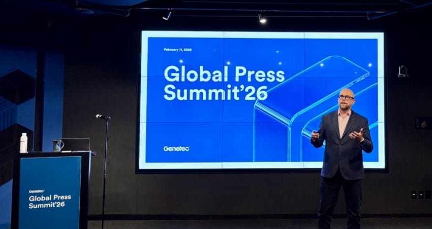 Andrew Elvish, VP of Global Marketing for Genetec, presents findings from the company&rsquo;s State of the Physical Security Industry Report during the Global Press Summit &rsquo;26 in Montreal.