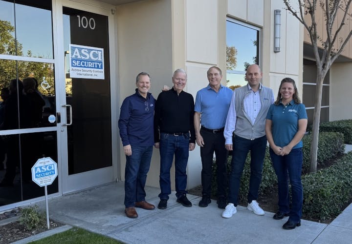 (L to R:) Jeremy Bates, Pye-Barker SVP of Business Development; Chuck White, ASCI Security Co-Owner; Gregg Miller, ASCI Security Co-Owner; Jason Uhrich, Pye-Barker Regional VP; Dawnielle Sherwood, Pye-Barker Regional Director.