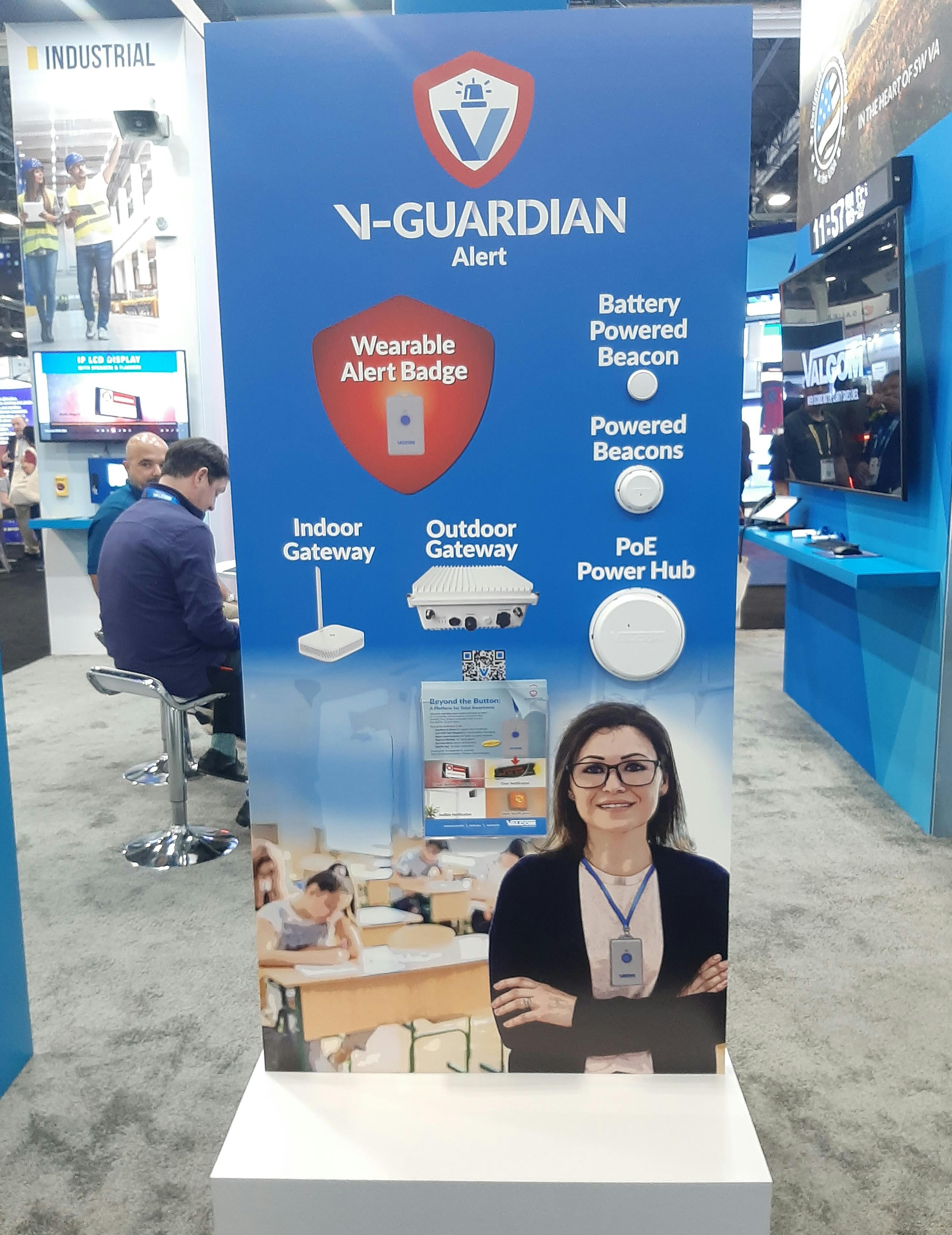 The V-Guardian Alert platform routes a wearable activation through beacons and LoRaWAN to a central system, enabling targeted notifications and escalation across connected devices and personnel.