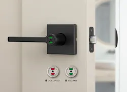 Kwikset’s Halifax Occupancy Indicator Lever features a red and green visual display to indicate bathroom availability from a distance. Kwikset’s Halifax Occupancy Indicator Lever features a red and green visual display to indicate bathroom availability from a distance.