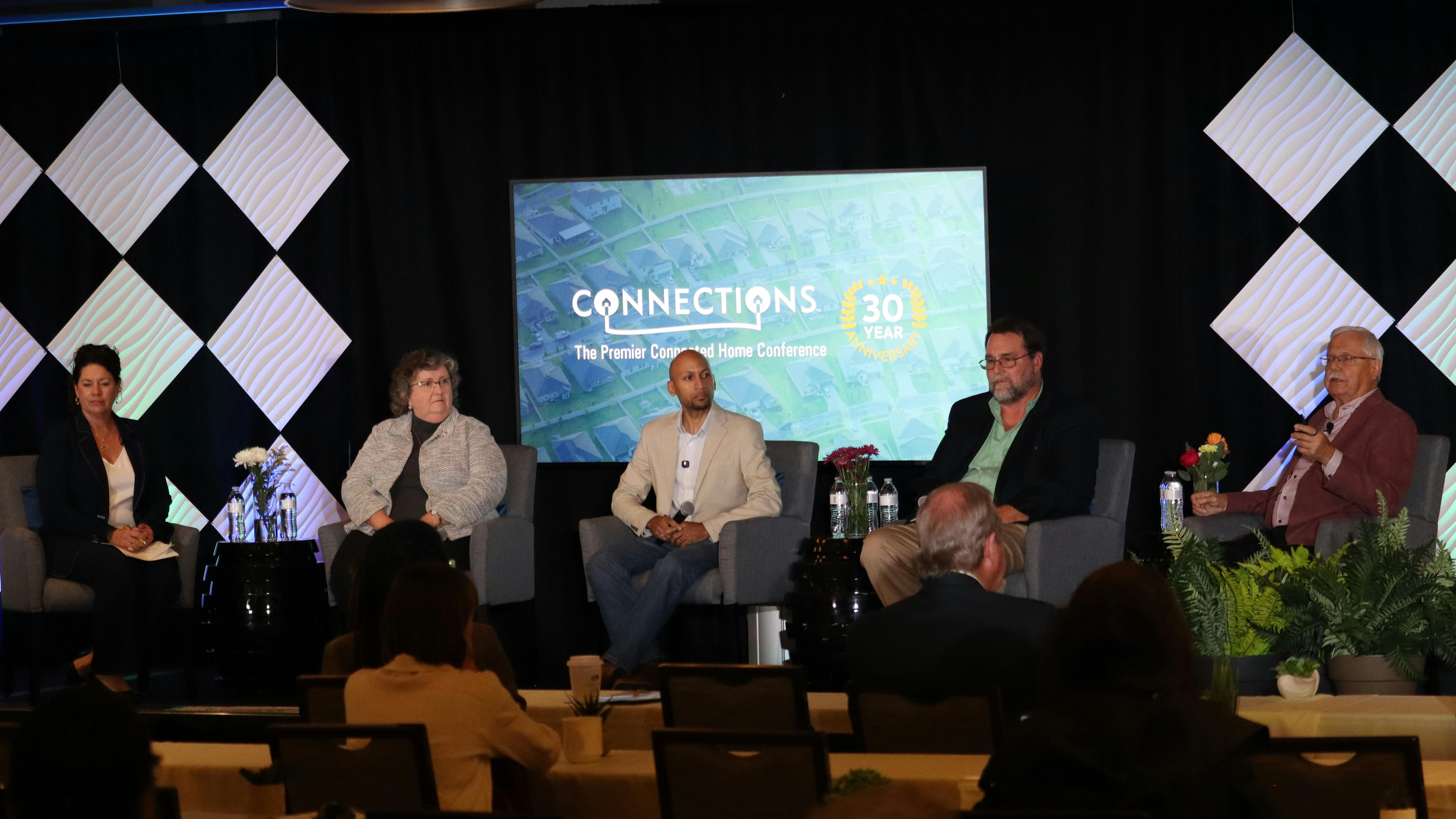 A CONNECTIONS panel discussion on workforce development was moderated by Elizabeth Parks (far left), and featured Cathy Scruggs of American Technical Publishers (ATP), Louis Rogers of InFocus Technologies, Matt Adams of Houston City College, and Gary Rockis of Integrated Systems Technology Inc.