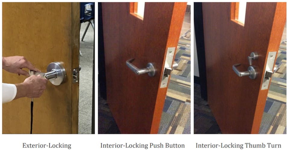 A Texas State University ALERRT Center study found that classroom doors equipped with interior locking functions &mdash; including push-button and thumb-turn locks &mdash; can be secured faster and with fewer errors during lockdowns than traditional exterior-key locking mechanisms, reducing the need for teachers to enter hallways during active shooter emergencies.
