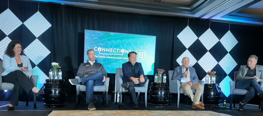 From left, Elizabeth Parks, Matt Davidson, Robert Grosz, Gordon van Zuiden and Keith Puckett discuss how AI, interoperability and evolving consumer expectations are reshaping the future of connected home technology during a panel session at the CONNECTIONS conference, held May 5-7 in Santa Clara, Calif.
