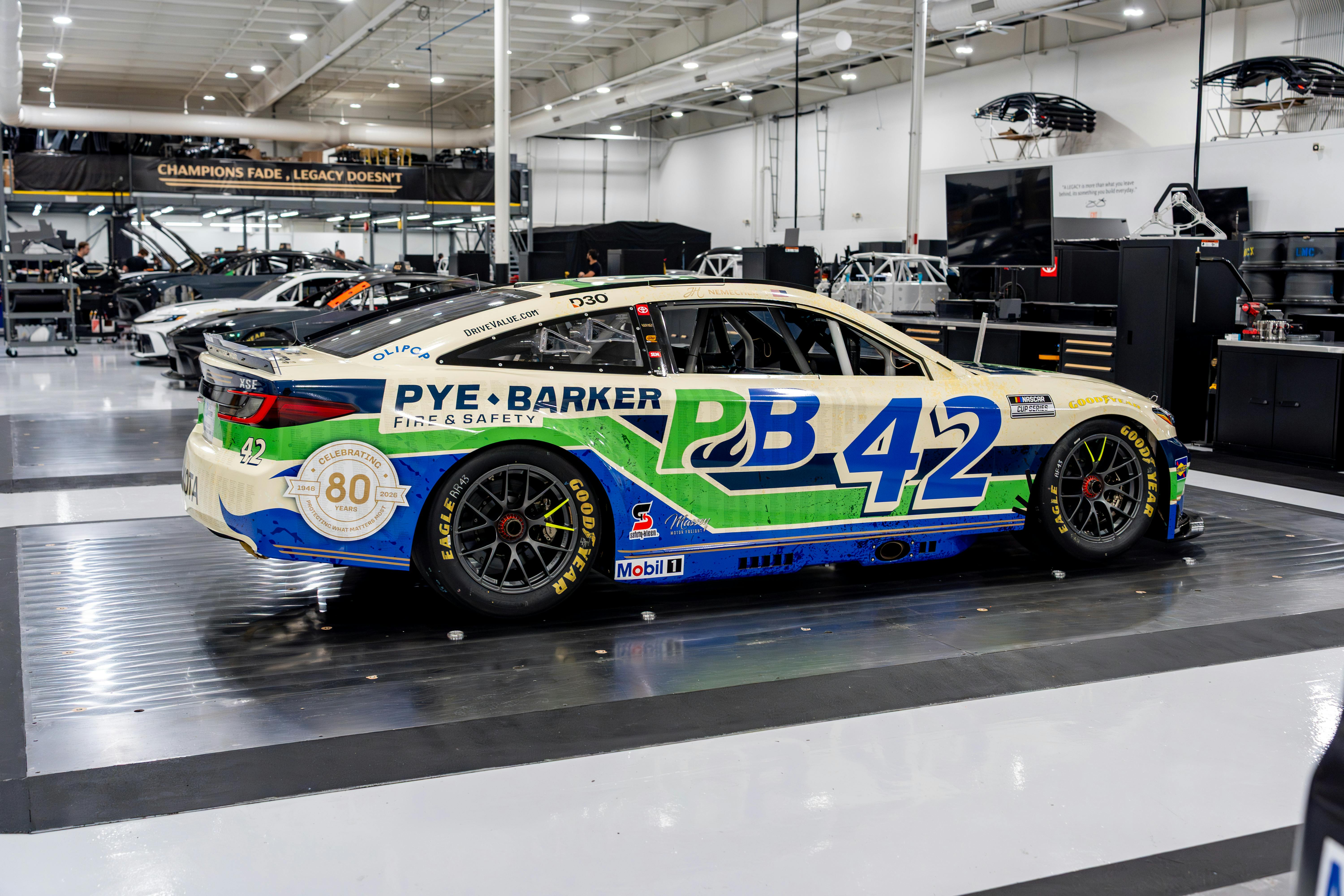 John Hunter Nemechek&rsquo;s No. 42 Pye-Barker Toyota Camry XSE will feature a retro-themed design celebrating Pye-Barker Fire & Safety&rsquo;s 80th anniversary.