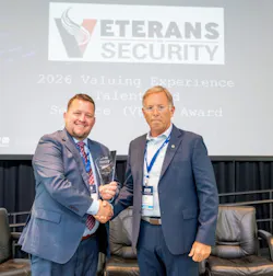 Nathan Wells, left, of Convergint accepts the inaugural Valuing Experience, Talent and Service (VETS) Award, presented by the Security Industry Association's Veterans in Security community in recognition of his contributions to veterans within the security industry. Nathan Wells, left, of Convergint accepts the inaugural Valuing Experience, Talent and Service (VETS) Award, presented by the Security Industry Association's Veterans in Security community in recognition of his contributions to veterans within the security industry.