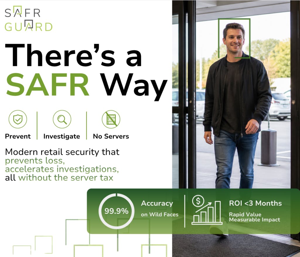 SAFR Guard retail security platform interface showing real-time alerts and investigation tools designed for server-free deployment in retail environments.