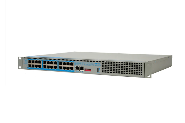 Omnitron FlexSwitch 10GRPoE/Sx 24-port Ethernet and PoE switch featuring dual 10G uplinks and full-power PoE support for edge devices and surveillance systems.