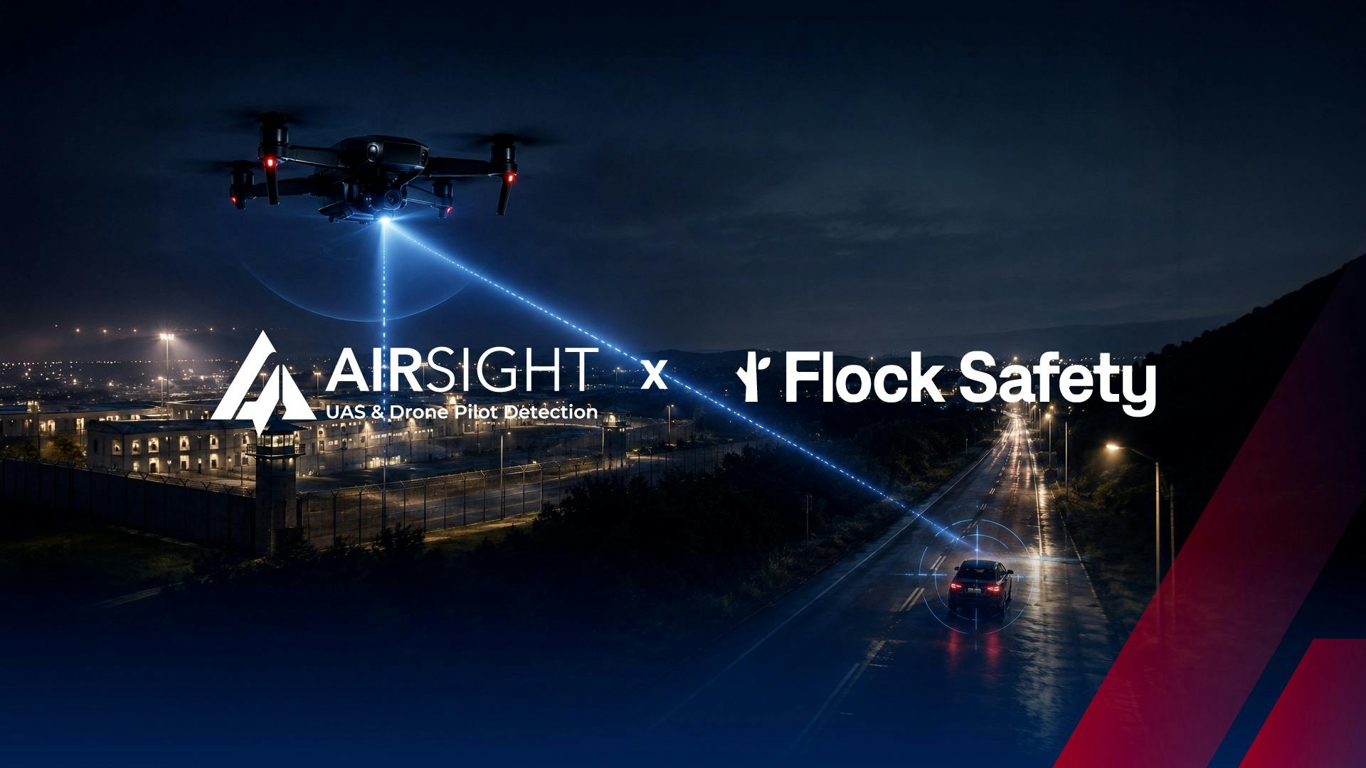 A law enforcement operations center map displaying real-time drone detections from AirGuard alongside license plate reader and video data inside FlockOS during an active incident response.