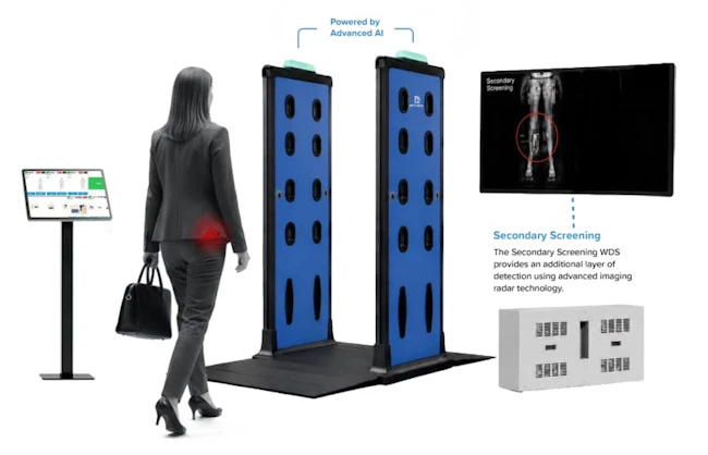 Security officer reviews real-time Imaging Radar data on a tablet and monitor as Athena Security&rsquo;s Secondary Screening WDS&trade; scans bags and footwear in a high-traffic entry screening area.