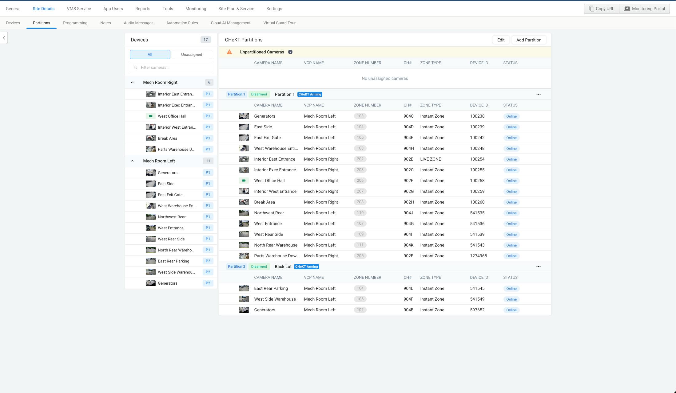 CHeKT 6.0 platform interface showcasing unified remote video monitoring, system partitioning and real-time security operations for enterprise environments.