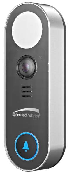 The O4DB1 video doorbell supports two-way communication through the Speco Blue App and includes a wireless chime and mounting hardware for installation.