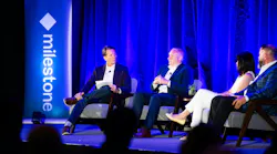 SecurityInfoWatch Editor-in-Chief Rodney Bosch (left) moderates the “No Hype Allowed: An Honest Conversation About AI” panel during Milestone XPerience Days 2026 in Las Vegas. Panelists included John O’Connor, Managing Director of Administrative Services and Operations at Harvard Business School, and Dan O’Neill, President and CEO of Advanced Data Risk Management.