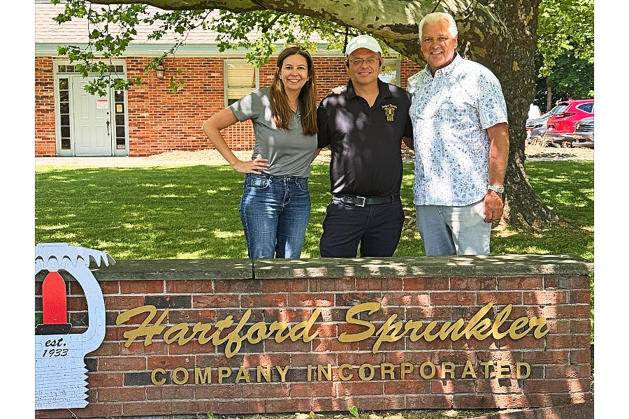 Pictured from left are Dana Good of Pye-Barker Fire & Safety, Kevin Kita, owner of Hartford Sprinkler Co., and Jay Strickland of Pye-Barker.