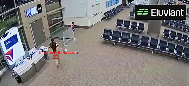 A screen capture from an Eluviant demonstration shows Aurora Flow identifying unusual behavior in an airport terminal. The company said the model provides security operators with alerts that include greater context and urgency than conventional video analytics.