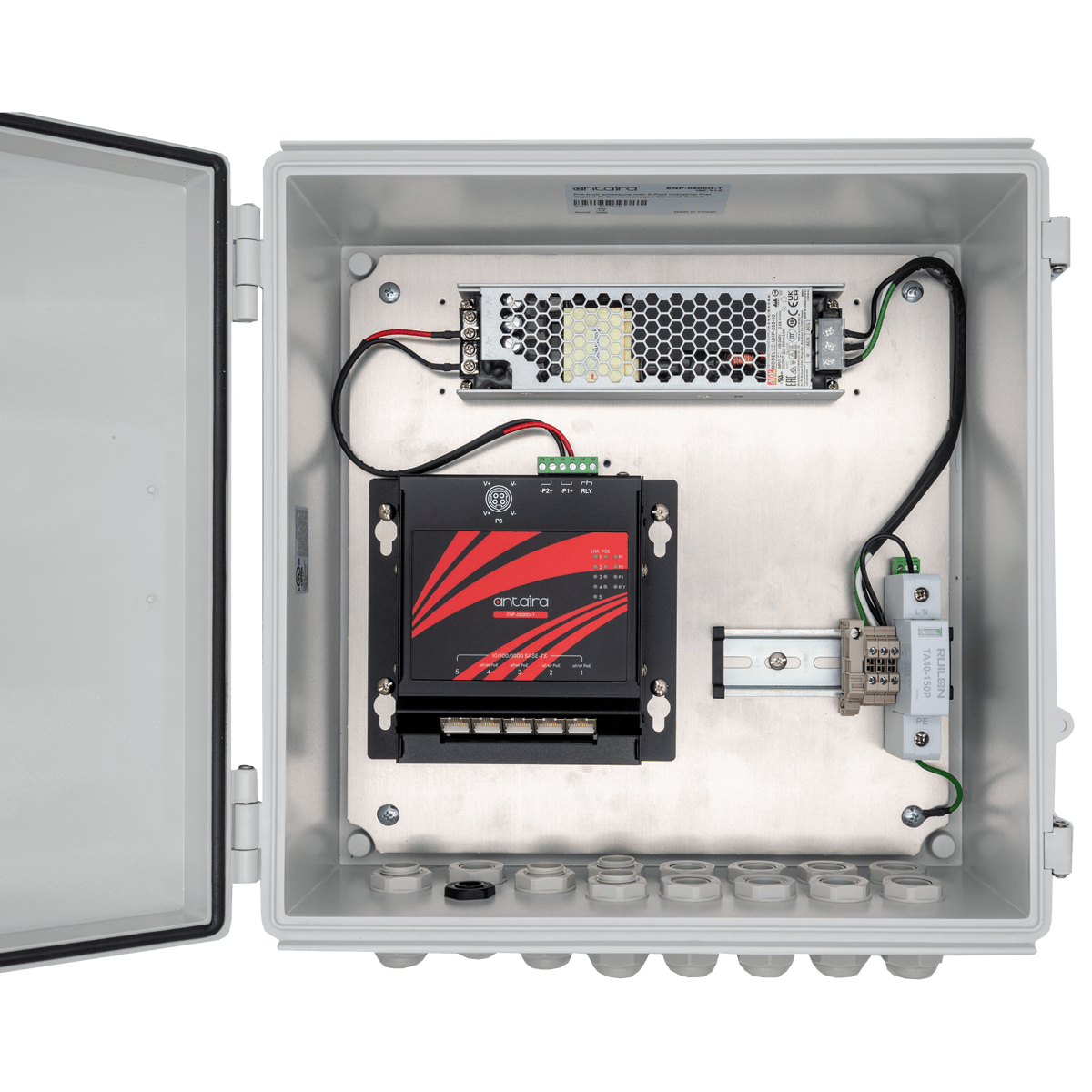 Antaira Technologies' LANOBOX Series combines an industrial PoE switch, power supply, surge protection and an IP68-rated NEMA 4X enclosure for outdoor network deployments.