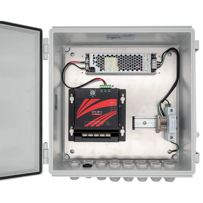 Antaira Technologies' LANOBOX Series combines an industrial PoE switch, power supply, surge protection and an IP68-rated NEMA 4X enclosure for outdoor network deployments.