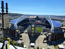 D-Fend Solutions' EnforceAir system deployed overlooking Seattle's host stadium, with Mount Rainier in the background, providing non-kinetic, cyber-driven counter-drone airspace protection during the 2026 FIFA World Cup.