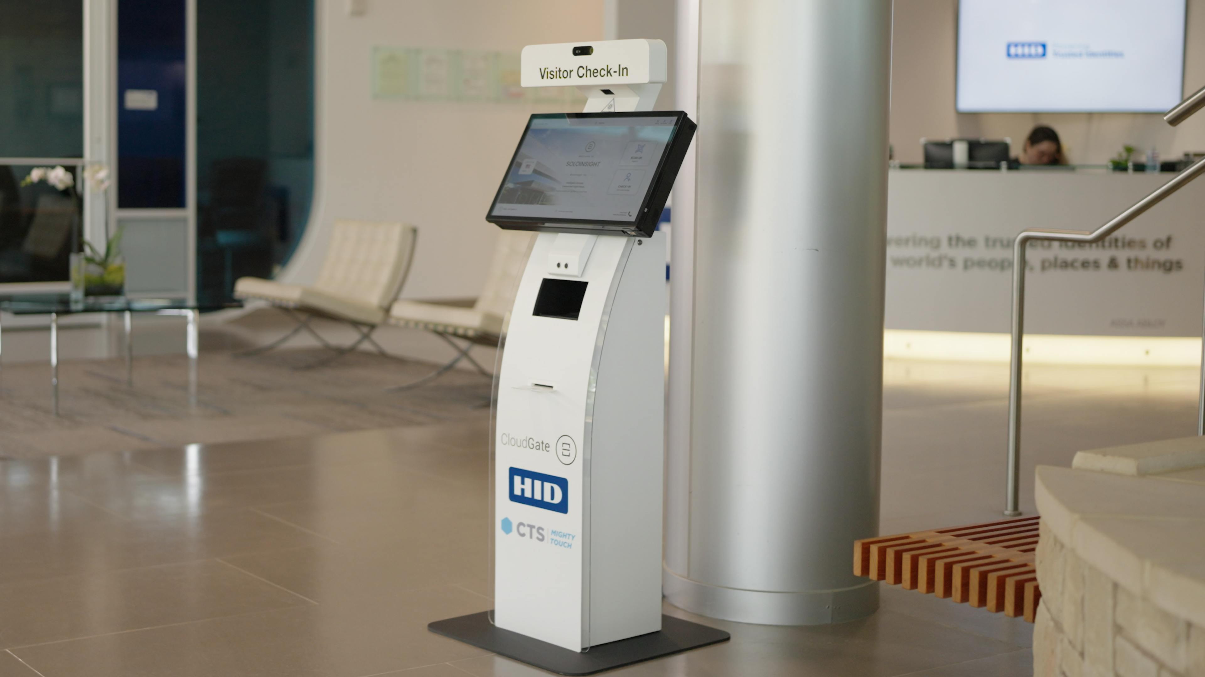 HID technology is integrated into a CTS self-service kiosk to support document authentication and facial verification during visitor check-in.